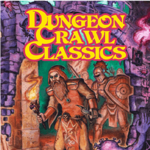 Cover art for Dungeon Crawl Classics game: two adventurers enter a dungeon with torches and bold yellow title text above.