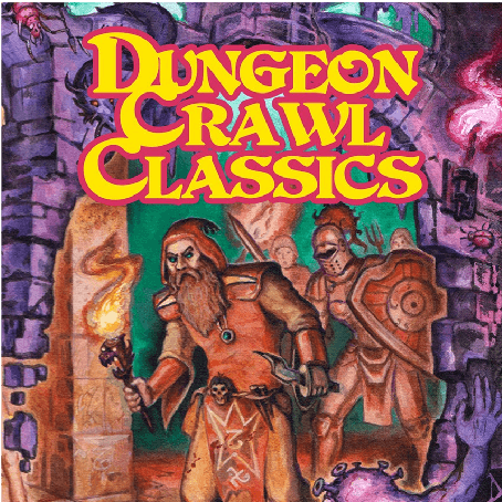 Dcc Squared Wicked Dicey Dungeon Crawl Classics Cover Three Adventurers Enter a Dungeon Torch Lit Bold Yellow Logo Above Them