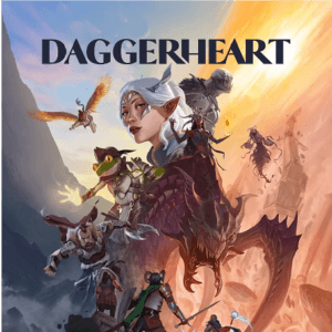 Cover art for the game Daggerheart showing an elf woman with white hair surrounded by adventurers against a dramatic sky.