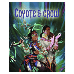 Book cover for Coyote & Crow featuring two women in colorful futuristic armor against a swirling emerald background.