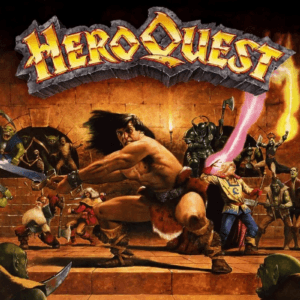 HeroQuest cover art: muscular barbarian clashes with monsters in a dungeon battle under the game logo.