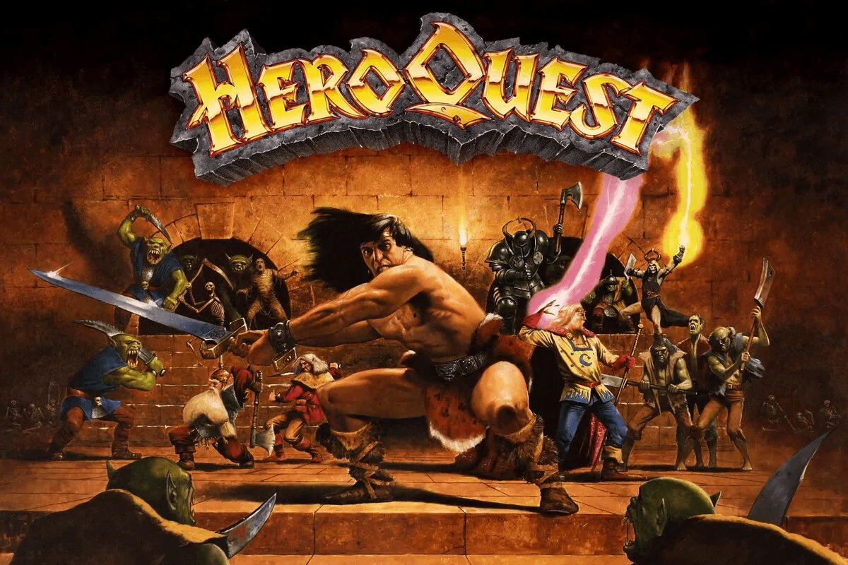 Gysazdjf909 Wicked Dicey Heroquest Cover Art Muscular Barbarian Clashes with Monsters in a Dungeon Battle Under the Game Logo