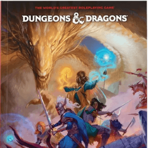 Epic dragon‑battle scene with a group of adventurers on Dungeons & Dragons box art
