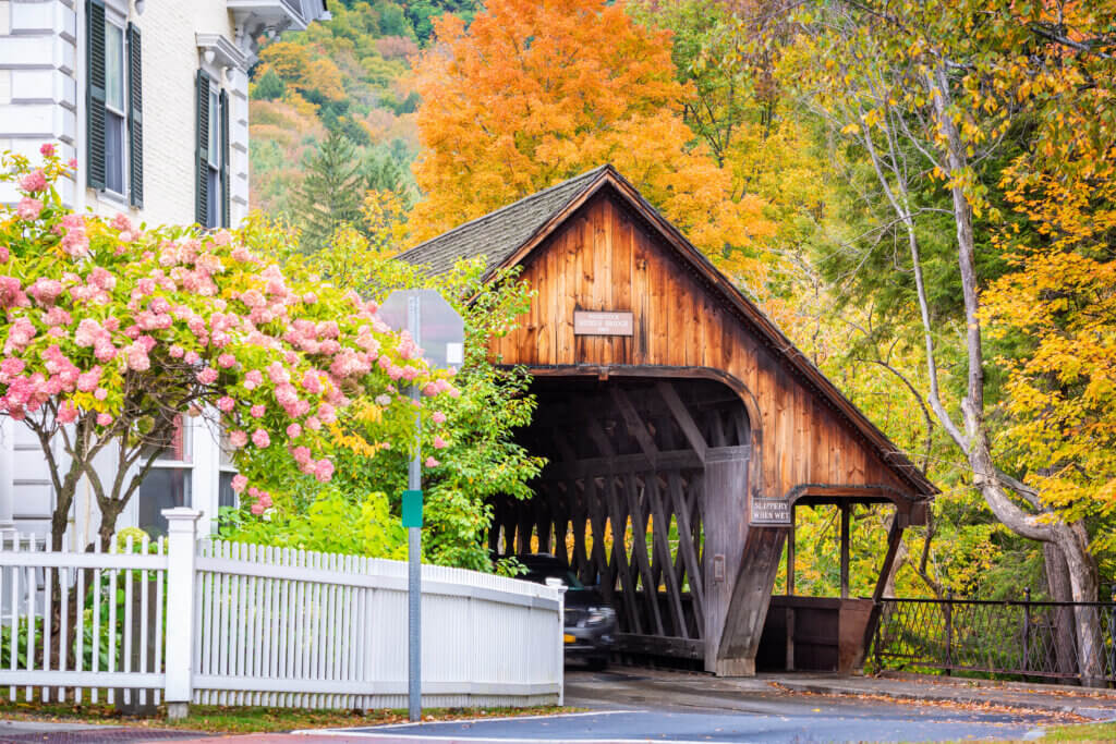 Historic Wooden Covered Bridge in Autumn Colors with Orange and Yellow Trees Pink Flowering Shrub and a White Picket Fence Nearby