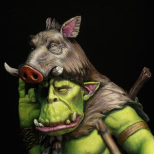 Green-skinned orc figure wearing a boar head as a helmet, with tusks and pink ears, set against a dark background.