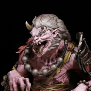Fantasy demon with pink skin, horns, tusks, white hair, wearing a beaded necklace and armor in a dark background.