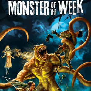 Cover art for Monster of the Week: a hulking, tentacled monster battles armored adventurers against a dark, stormy blue background.