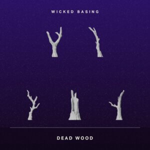 Album cover with five white bare tree branches arranged on a dark purple, starry background; 'WICKED BASING' at the top and 'DEAD WOOD' at the bottom.