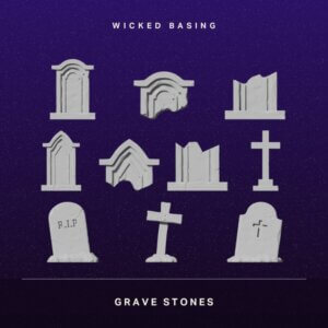 Album cover for Wicked Basing titled Grave Stones: a grid of gray tombstones on a dark purple starry background, with the band name at the top and the title at the bottom.