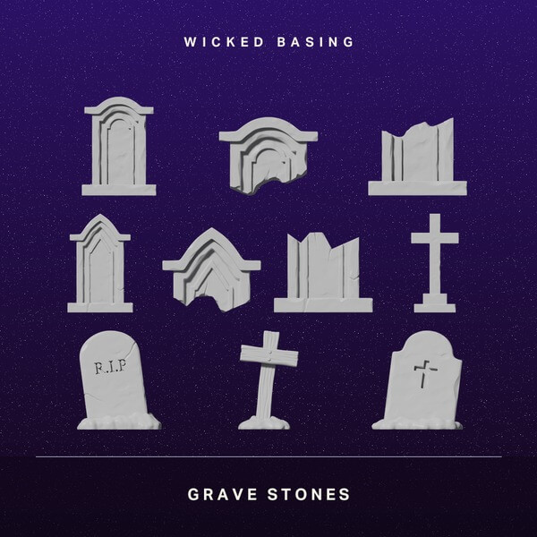 Wicked Basingallpieces Wicked Dicey Album Cover for Wicked Basing Titled Grave Stones a Grid of Gray Tombstones on a Dark Purple Starry Background with the Band Name at the Top and the Title at the Bottom