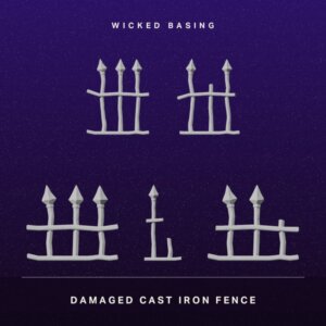 Five pieces of a damaged cast-iron fence with spear-point tops on a dark purple background, shown in a grid-like arrangement.