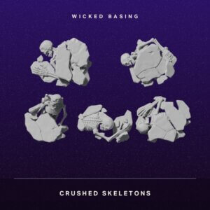 Album cover showing five crushed skeleton figures on a dark purple starry background with the text Wicked Basing and Crushed Skeletons.",