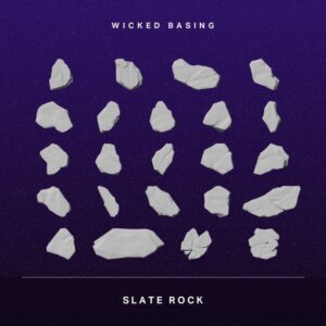 Album cover with white slate rocks scattered on a dark purple starry background; top text 'WICKED BASING', bottom 'SLATE ROCK'.