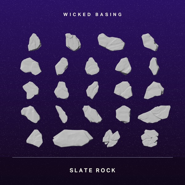Wicked Basingallpieces Wicked Dicey Album Cover with White Slate Rocks Scattered on a Dark Purple Starry Background Top Text wicked Basing Bottom slate Rock