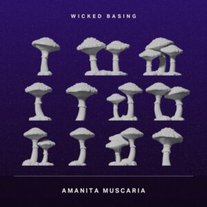 Album cover: white mushroom sculptures arranged in a grid on a dark purple starry background, with 'WICKED BASING' at the top and 'AMANITA MUSCARIA' at the bottom.