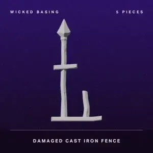 Album cover: gray damaged cast-iron fence sculpture on a purple starry background, with 'Wicked Basing' top left and '5 Pieces' top right.