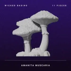 Album cover featuring three white Amanita muscaria mushrooms on a dark purple starry background; text reads 'Wicked Basing' and '11 Pieces', artist Amanita Muscaria.