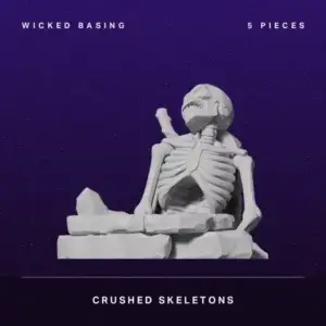 Crushed-skeleton statue seated on a rock pedestal against a purple starry backdrop; title 'Crushed Skeletons' shown.