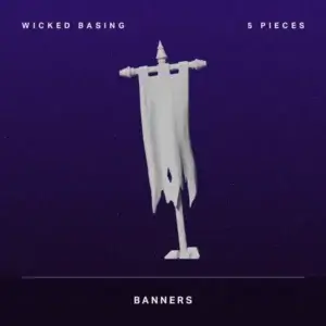 Album Cover a White Torn Banner on a Stand Against a Starry Purple Background Titled wicked Basing with 5 Pieces Banners Text Above