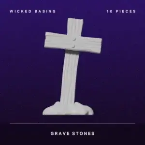 White cross tombstone model on a dark purple starry background; packaging text reads 'Wicked Basing' and '10 Pieces' with the product name 'Grave Stones' at the bottom.