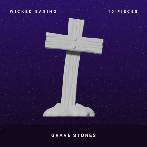 Wicked Basingproduct9 Wicked Dicey White Cross Tombstone Model on a Dark Purple Starry Background Packaging Text Reads wicked Basing and 10 Pieces with the Product Name grave Stones at the Bottom