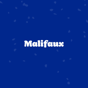 Malifaux logo in white on a blue background with scattered decorative shapes.