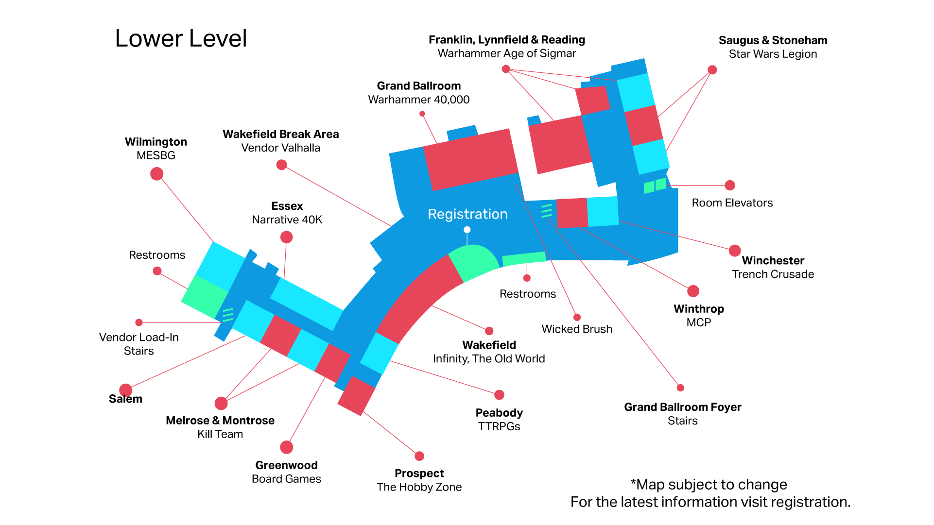 Floor Plan of the Lower Level Showing Registration in Blue Restrooms Vendor Areas and Labeled Rooms grand Ballroom Wakefield Break Area Essex Winchester Saugus Pearl Etc