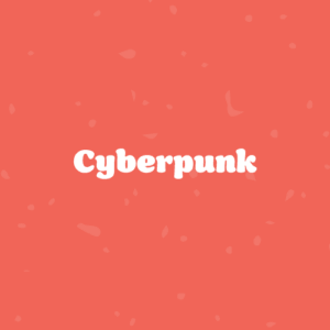 Centered white 'Cyberpunk' title on a coral background with small abstract shapes scattered around it.