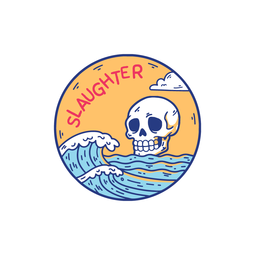 Summer Slaughter Logo Wicked Dicey Circular Badge Featuring a White Skull Above Stylized Blue Waves on an Orange Background with the Word Slaughter in Red Curved Across the Top